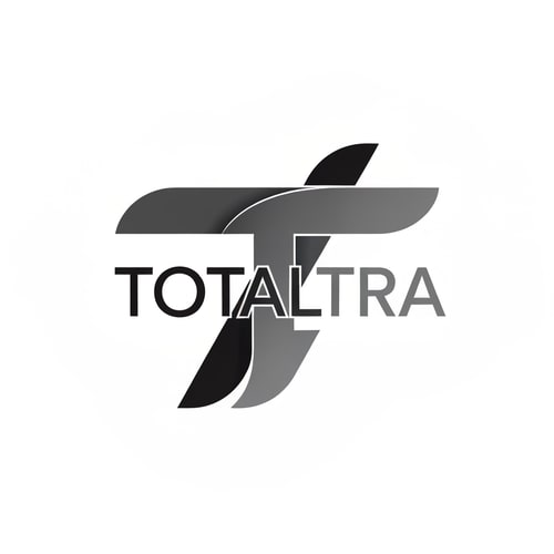 AI Design for Abstract logo for 'Totaltra' company. The design should be an abstract interpretation of a double 'T' (TT). Include the word 'Totaltra' in a sleek, sans-serif typography. Use a color palette of dark greys, black, and white. Modern, clean, and professional. The abstract form should subtly suggest the 'TT' while conveying reliability, efficiency, and completeness. The overall logo should be suitable for digital and print use, focusing on a unique, memorable, and sophisticated visual element with clear brand recognition.