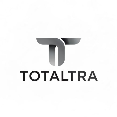 AI Design for Abstract logo for 'Totaltra' company. The design should be an abstract interpretation of a double 'T' (TT). Include the word 'Totaltra' in a sleek, sans-serif typography. Use a color palette of dark greys, black, and white. Modern, clean, and professional. The abstract form should subtly suggest the 'TT' while conveying reliability, efficiency, and completeness. The overall logo should be suitable for digital and print use, focusing on a unique, memorable, and sophisticated visual element with clear brand recognition.