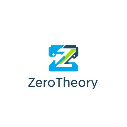 AI Design for Minimalist for a tech and AI/ML community focused on practical, reasoning-based learning named "ZeroTheory": A stylized abstract representation of a neural network or a data flow, incorporating a subtle "Z" or "0" motif, representing the brand name and its core focus. Color palette: Electric blue, deep charcoal grey, and a vibrant accent of lime green. Typography: Clean, modern, sans-serif font with slightly rounded edges for the brand name. Design influenced by circuit board aesthetics and abstract data visualization, with a clean, sophisticated visual execution. Use subtle gradients or outlines to create depth. Background type: White or a very light grey.