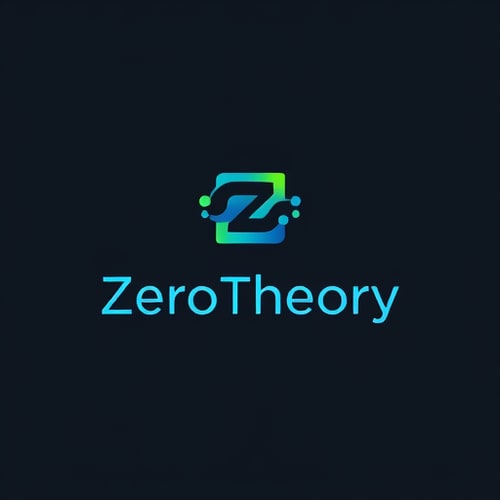 AI Design for Minimalist for a tech and AI/ML community focused on practical, reasoning-based learning named "ZeroTheory": A stylized abstract representation of a neural network or a data flow, incorporating a subtle "Z" or "0" motif, representing the brand name and its core focus. Color palette: Electric blue, deep charcoal grey, and a vibrant accent of lime green. Typography: Clean, modern, sans-serif font with slightly rounded edges for the brand name. Design influenced by circuit board aesthetics and abstract data visualization, with a clean, sophisticated visual execution. Use subtle gradients or outlines to create depth. Background type: Black and navy blue 