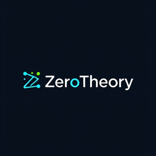 AI Design for Minimalist for a tech and AI/ML community focused on practical, reasoning-based learning named "ZeroTheory": A stylized abstract representation of a neural network or a data flow, incorporating a subtle "Z" or "0" motif, representing the brand name and its core focus. Color palette: Electric blue, deep charcoal grey, and a vibrant accent of lime green. Typography: Clean, modern, sans-serif font with slightly rounded edges for the brand name. Design influenced by circuit board aesthetics and abstract data visualization, with a clean, sophisticated visual execution. Use subtle gradients or outlines to create depth. Background type: Black and navy blue 