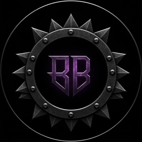 AI Design for "Circular Twitch logo in the exact same dark, glowing metallic style as the reference image. The circular frame is a menacing, spiked New World Aeternum bear trap, with sharp triangular teeth pointing upwards. Centered inside the trap is the 'RB' monogram, rendered in the same shadowy metal with a deep azoth purple glow emanating from within the letters. Pure black background."