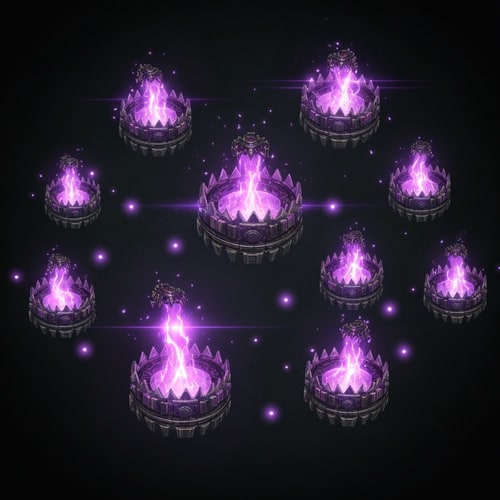 AI Design for "Animated Twitch subscription alert banner, same composition as the default Twitch gift alert but with New World Aeternum bear traps instead of gift boxes. Multiple detailed mechanical traps with glowing azoth purple energy popping up on screen with particle effects and light glow animations. Dark fantasy aesthetic, streaming overlay graphic, 1920x1080 resolution, animated with subtle movement and glow pulses."