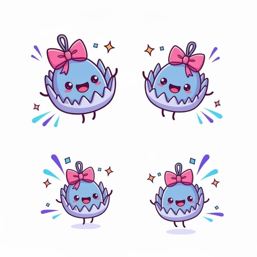 AI Design for "Cartoon-style Twitch subscription alert, bright and colorful in the exact same friendly art style as default Twitch gift alerts. Replace all gift boxes with cute, chibi-style New World bear traps. The traps have big, happy smiling faces and are wrapped like presents with bows. They bounce on screen with celebratory sparkles and confetti explosions in azoth blue and purple. Clean vector art, white background, joyful and vibrant animation."