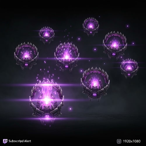 AI Design for "Animated Twitch subscription alert banner, same composition as the default Twitch gift alert but with New World Aeternum bear traps instead of gift boxes. Multiple detailed mechanical traps with glowing azoth purple energy popping up on screen with particle effects and light glow animations. Dark fantasy aesthetic, streaming overlay graphic, 1920x1080 resolution, animated with subtle movement and glow pulses."