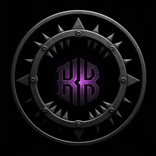 AI Design for "Circular Twitch logo in the exact same dark, glowing metallic style as the reference image. The circular frame is a menacing, spiked New World Aeternum bear trap, with sharp triangular teeth pointing upwards. Centered inside the trap is the 'RB' monogram, rendered in the same shadowy metal with a deep azoth purple glow emanating from within the letters. Pure black background."