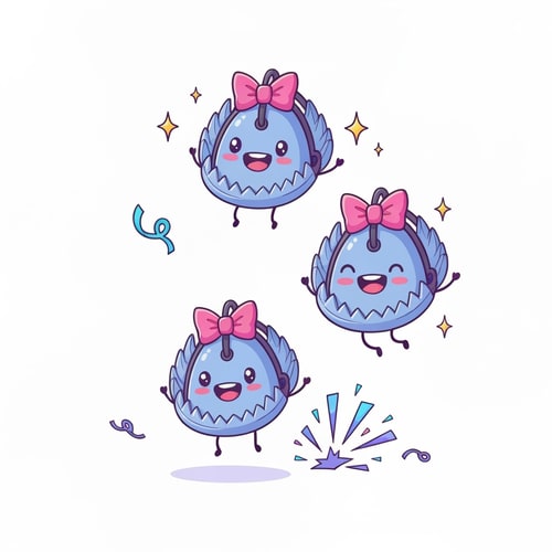 AI Design for "Cartoon-style Twitch subscription alert, bright and colorful in the exact same friendly art style as default Twitch gift alerts. Replace all gift boxes with cute, chibi-style New World bear traps. The traps have big, happy smiling faces and are wrapped like presents with bows. They bounce on screen with celebratory sparkles and confetti explosions in azoth blue and purple. Clean vector art, white background, joyful and vibrant animation."