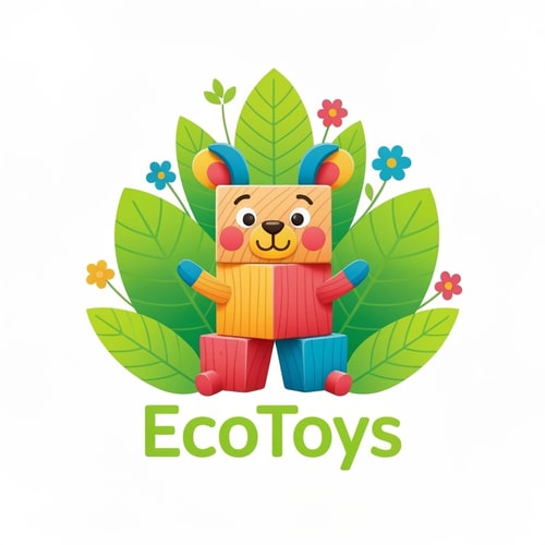 AI Design for EcoToys logo, colorful, childish style, playful animal character made of wooden blocks, surrounded by bright green leaves and flowers, whimsical and fun, vector illustration, toy packaging design, eco-friendly, happy and inviting, vibrant colors