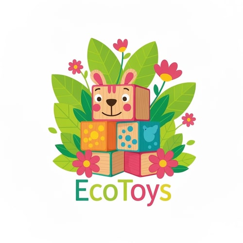 AI Design for EcoToys logo, colorful, childish style, playful animal character made of wooden blocks, surrounded by bright green leaves and flowers, whimsical and fun, vector illustration, toy packaging design, eco-friendly, happy and inviting, vibrant colors