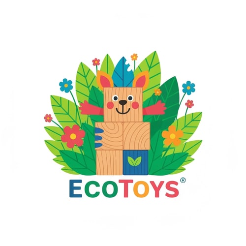 AI Design for EcoToys logo, colorful, childish style, playful animal character made of wooden blocks, surrounded by bright green leaves and flowers, whimsical and fun, vector illustration, toy packaging design, eco-friendly, happy and inviting, vibrant colors