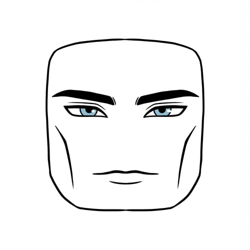 AI Design for Stylized Roblox face only, clearly non-realistic and game-like, smooth flat colors, minimal shading, clean simple linework, iconic Roblox head proportions, ultra-attractive pentamogger aesthetic, perfectly symmetrical face, calm confident godlike expression, relaxed eyelids, slightly lifted outer eye corners, light blue stylized eyes with tiny highlights, refined masculine eyebrows, smooth cheeks and jaw with no wrinkles, centered front-facing head, plain background, unmistakably Roblox avatar face, not realistic, not detailed skin, not human-like use only black and white besides the eyes (color them) keep it to simple line work and make the background a singular color give him insanely prominent high bone density whilst keeping the art look handdrawn make sure theres no face outline and the face blends in with the background