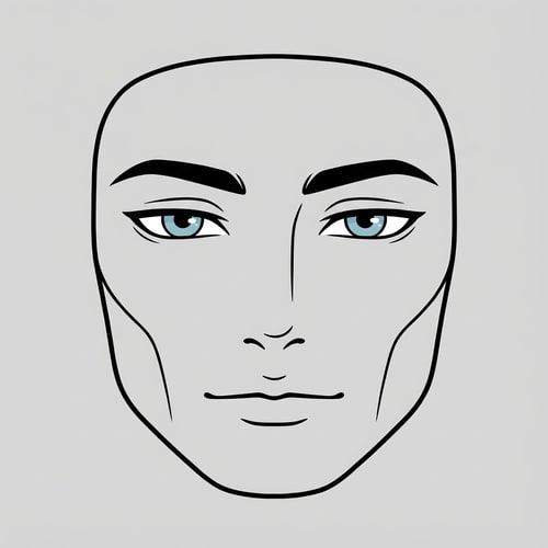 AI Design for Stylized Roblox face only, clearly non-realistic and game-like, smooth flat colors, minimal shading, clean simple linework, iconic Roblox head proportions, ultra-attractive pentamogger aesthetic, perfectly symmetrical face, calm confident godlike expression, relaxed eyelids, slightly lifted outer eye corners, light blue stylized eyes with tiny highlights, refined masculine eyebrows, smooth cheeks and jaw with no wrinkles, subtle soft gradients only, simplified cartoon lighting, neutral expression, centered front-facing head, plain background, unmistakably Roblox avatar face, not realistic, not detailed skin, not human-like use only black and white besides the white keep it to simple line work and make the background a singular color