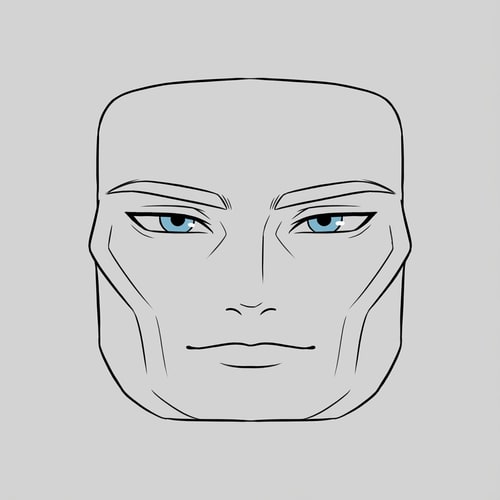 AI Design for Stylized Roblox face only, clearly non-realistic and game-like, smooth flat colors, minimal shading, clean simple linework, iconic Roblox head proportions, ultra-attractive pentamogger aesthetic, perfectly symmetrical face, calm confident godlike expression, relaxed eyelids, slightly lifted outer eye corners, light blue stylized eyes with tiny highlights, refined masculine eyebrows, smooth cheeks and jaw with no wrinkles, centered front-facing head, plain background, unmistakably Roblox avatar face, not realistic, not detailed skin, not human-like use only black and white besides the eyes (color them) keep it to simple line work and make the background a singular color give him insanely prominent high bone density whilst keeping the art look handdrawn make sure theres no face outline and the face blends in with the background