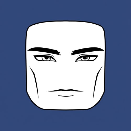 AI Design for Stylized Roblox face only, clearly non-realistic and game-like, smooth flat colors, minimal shading, clean simple linework, iconic Roblox head proportions, ultra-attractive pentamogger aesthetic, perfectly symmetrical face, calm confident godlike expression, relaxed eyelids, slightly lifted outer eye corners, light blue stylized eyes with tiny highlights, refined masculine eyebrows, smooth cheeks and jaw with no wrinkles, subtle soft gradients only, simplified cartoon lighting, neutral expression, centered front-facing head, plain background, unmistakably Roblox avatar face, not realistic, not detailed skin, not human-like use only black and white besides the white keep it to simple line work and make the background a singular color