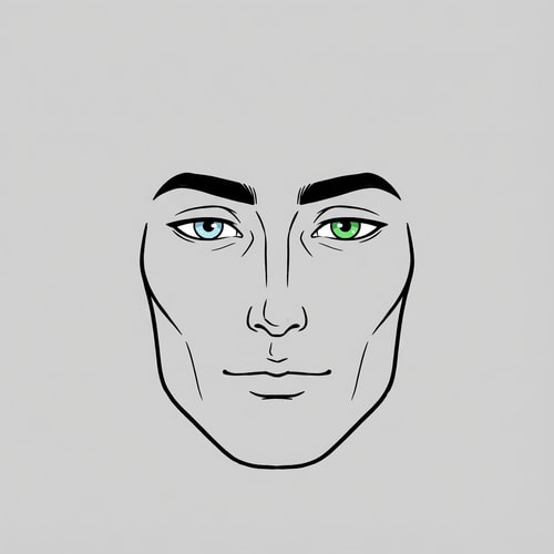 AI Design for Stylized Roblox face only, clearly non-realistic and game-like, smooth flat colors, minimal shading, clean simple linework, iconic Roblox head proportions, ultra-attractive pentamogger aesthetic, perfectly symmetrical face, calm confident godlike expression, relaxed eyelids, slightly lifted outer eye corners, light blue stylized eyes with tiny highlights, refined masculine eyebrows, smooth cheeks and jaw with no wrinkles, centered front-facing head, plain background, unmistakably Roblox avatar face, not realistic, not detailed skin, not human-like use only black and white besides the eyes (color them) keep it to simple line work and make the background a singular color give him insanely prominent high bone density whilst keeping the art look handdrawn make sure theres no face outline and the face blends in with the background give him an extreme positive canthal tilt with hetrachromia, one icey blue eye and one bright green eye