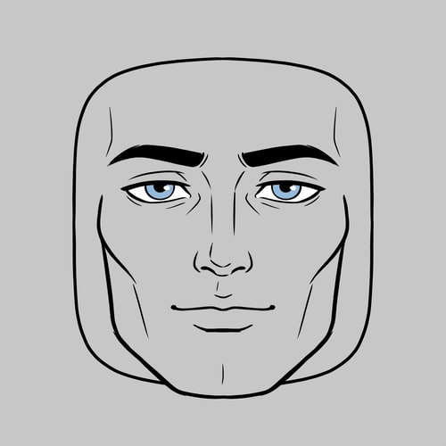 AI Design for Stylized Roblox face only, clearly non-realistic and game-like, smooth flat colors, minimal shading, clean simple linework, iconic Roblox head proportions, ultra-attractive pentamogger aesthetic, perfectly symmetrical face, calm confident godlike expression, relaxed eyelids, slightly lifted outer eye corners, light blue stylized eyes with tiny highlights, refined masculine eyebrows, smooth cheeks and jaw with no wrinkles, centered front-facing head, plain background, unmistakably Roblox avatar face, not realistic, not detailed skin, not human-like use only black and white besides the eyes (color them) keep it to simple line work and make the background a singular color give him insanely prominent high bone density whilst keeping the art look handdrawn make sure theres no face outline and the face blends in with the background