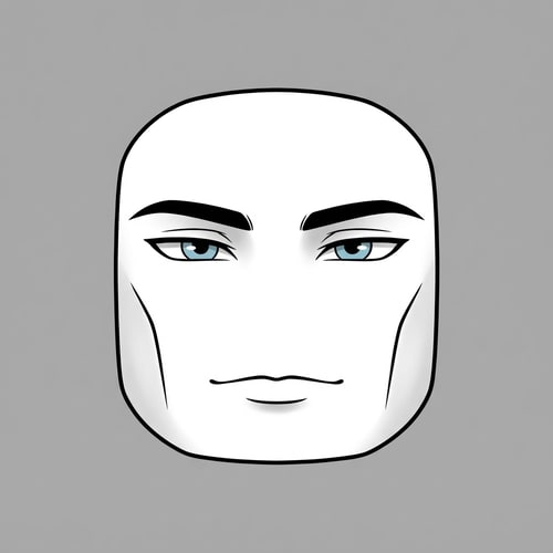 AI Design for Stylized Roblox face only, clearly non-realistic and game-like, smooth flat colors, minimal shading, clean simple linework, iconic Roblox head proportions, ultra-attractive pentamogger aesthetic, perfectly symmetrical face, calm confident godlike expression, relaxed eyelids, slightly lifted outer eye corners, light blue stylized eyes with tiny highlights, refined masculine eyebrows, smooth cheeks and jaw with no wrinkles, subtle soft gradients only, simplified cartoon lighting, neutral expression, centered front-facing head, plain background, unmistakably Roblox avatar face, not realistic, not detailed skin, not human-like use only black and white besides the eyes (color them) keep it to simple line work and make the background a singular color