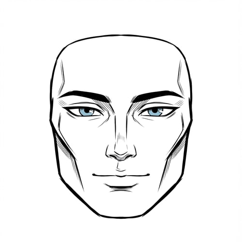 AI Design for Stylized Roblox face only, clearly non-realistic and game-like, smooth flat colors, minimal shading, clean simple linework, iconic Roblox head proportions, ultra-attractive pentamogger aesthetic, perfectly symmetrical face, calm confident godlike expression, relaxed eyelids, slightly lifted outer eye corners, light blue stylized eyes with tiny highlights, refined masculine eyebrows, smooth cheeks and jaw with no wrinkles, centered front-facing head, plain background, unmistakably Roblox avatar face, not realistic, not detailed skin, not human-like use only black and white besides the eyes (color them) keep it to simple line work and make the background a singular color give him insanely high bone density whilst keeping the art look handdrawn