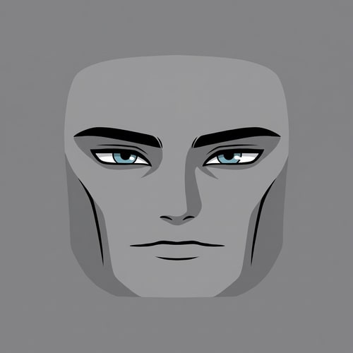 AI Design for Stylized Roblox face only, clearly non-realistic and game-like, smooth flat colors, minimal shading, clean simple linework, iconic Roblox head proportions, ultra-attractive pentamogger aesthetic, perfectly symmetrical face, calm confident godlike expression, relaxed eyelids, slightly lifted outer eye corners, light blue stylized eyes with tiny highlights, refined masculine eyebrows, smooth cheeks and jaw with no wrinkles, centered front-facing head, plain background, unmistakably Roblox avatar face, not realistic, not detailed skin, not human-like use only black and white besides the eyes (color them) keep it to simple line work and make the background a singular color give him insanely prominent high bone density whilst keeping the art look handdrawn make sure theres no face outline and the face blends in with the background
