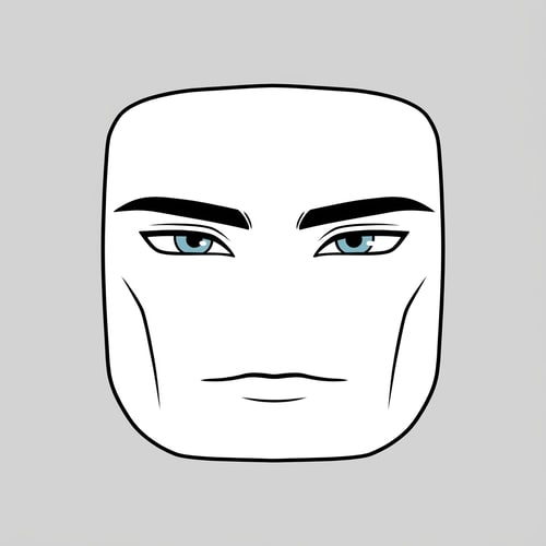 AI Design for Stylized Roblox face only, clearly non-realistic and game-like, smooth flat colors, minimal shading, clean simple linework, iconic Roblox head proportions, ultra-attractive pentamogger aesthetic, perfectly symmetrical face, calm confident godlike expression, relaxed eyelids, slightly lifted outer eye corners, light blue stylized eyes with tiny highlights, refined masculine eyebrows, smooth cheeks and jaw with no wrinkles, subtle soft gradients only, simplified cartoon lighting, neutral expression, centered front-facing head, plain background, unmistakably Roblox avatar face, not realistic, not detailed skin, not human-like use only black and white besides the eyes (color them) keep it to simple line work and make the background a singular color
