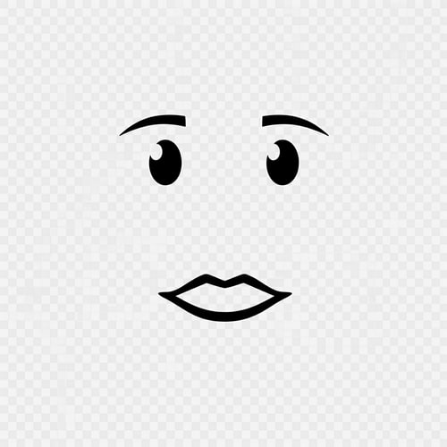 AI Design for Roblox avatar face DECAL texture,
ONLY floating facial features on a flat texture,
eyes and mouth drawn as simple symbols, not a face,
no face outline, no head, no jaw, no cheeks, no chin,
no nose, no nostrils, no facial anatomy,
stylized minimalist Roblox face aesthetic,
intentionally plain and slightly awkward,
subtle anime influence but NOT cute or pretty,
thick simple lashes, flat pupils, reduced eye whites,
no glossy highlights, no sparkles,
neutral muted emotion, low-energy expression,
mouth drawn with ONE short flat line or tiny curve,
no lips, no corners, no detail,
uniform thin line weight across all features,
designed to look strange alone but correct on a Roblox head,
centered composition, transparent or flat background,
AVOID:
human face, portrait, illustration,
pretty face, cute face, doll face,
lips, lipstick, detailed mouth,
large shiny eyes, baby eyes,
nose or nose shading,
skin gradients, facial structure,
3D head, mesh, skull,
anime character art, polished beauty style,
photorealism, dramatic lighting
