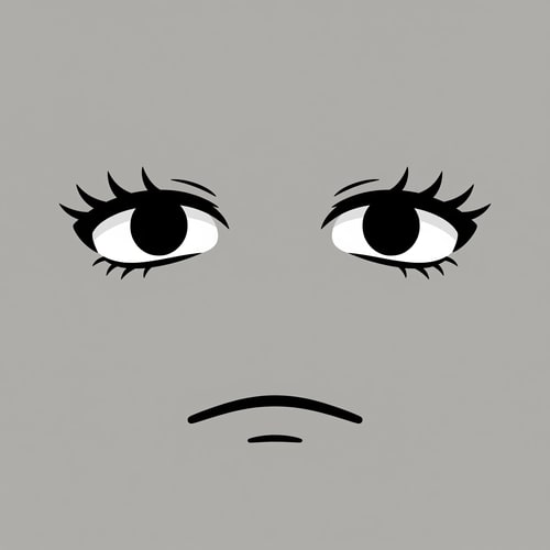 AI Design for Roblox avatar face DECAL texture,
ONLY floating facial features on a flat texture,
eyes and mouth drawn as simple symbols, not a face,
no face outline, no head, no jaw, no cheeks, no chin,
no nose, no nostrils, no facial anatomy,
stylized minimalist Roblox face aesthetic,
intentionally plain and slightly awkward,
subtle anime influence but NOT cute or pretty,
thick simple lashes, flat pupils, reduced eye whites,
no glossy highlights, no sparkles,
neutral muted emotion, low-energy expression,
mouth drawn with ONE short flat line or tiny curve,
no lips, no corners, no detail,
uniform thin line weight across all features,
designed to look strange alone but correct on a Roblox head,
centered composition, transparent or flat background,
AVOID:
human face, portrait, illustration,
pretty face, cute face, doll face,
lips, lipstick, detailed mouth,
large shiny eyes, baby eyes,
nose or nose shading,
skin gradients, facial structure,
3D head, mesh, skull,
anime character art, polished beauty style,
photorealism, dramatic lighting