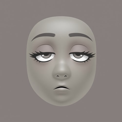 AI Design for Stylized Roblox avatar face texture designed for UGC,
soft simplified face with minimal structure,
no realistic anatomy, no sharp jawline,
smooth mannequin-like head shading,
muted gray-beige skin tone,
semi-anime eyes with soft expression,
half-lidded or relaxed eyelids,
thick upper lashes with soft dark-gray line weight,
reduced eye whites, flat pupils,
very subtle eye shading, no gloss or sparkle,
small simple mouth with minimal detail,
no defined lips, no teeth,
slight asymmetry allowed,
low-energy emotion (tired, smug, calm, neutral),
soft gradient shading on the face,
no harsh outlines, no pure black line art,
muted desaturated colors,
Roblox-native aesthetic,
neutral studio lighting,
simple flat or very soft gray background,
centered composition,
designed to look good on a Roblox head mesh,
AVOID:
photorealism, portrait illustration,
sharp jawlines, cheekbones,
detailed noses or nostrils,
high-saturation colors,
thick black ink lines,
icon-only floating facial features,
SVG or sticker style,
anime character illustration,
overly cute or doll-like faces