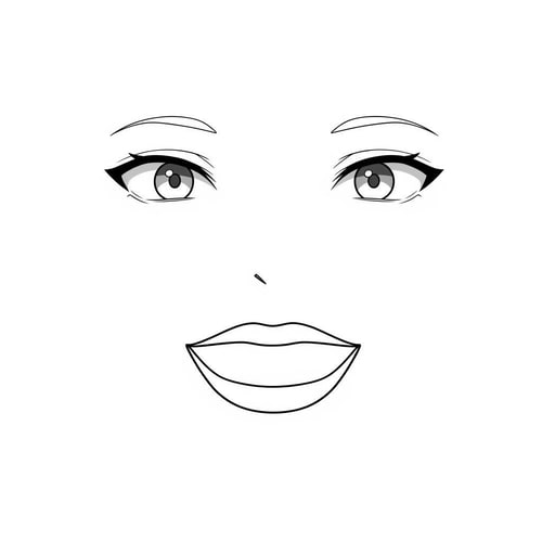 AI Design for Roblox avatar face DECAL texture,
ONLY facial features, NOT a face or head,
floating eyes and mouth on a flat texture,
no face outline, no jaw, no cheeks, no chin,
no nose, no nose bridge, no nostrils,
eyes and mouth drawn as simple standalone shapes,
minimalist anime-inspired style,
clean line art, very soft shading only on eyes,
designed to be pasted onto a Roblox head,
transparent or flat background,
centered composition
NEGATIVE PROMPT: human face, portrait, face shape, jawline, chin, cheeks,
nose, nose shading, nostrils,
head, skull, mask, mannequin,
skin gradients, facial anatomy,
illustration portrait style,
realistic proportions,
full face drawing