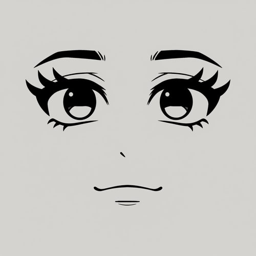 AI Design for Roblox avatar face DECAL texture,
ONLY floating facial features on a flat texture,
eyes and mouth drawn as simple symbols, not a face,
no face outline, no head, no jaw, no cheeks, no chin,
no nose, no nostrils, no facial anatomy,
stylized minimalist Roblox face aesthetic,
intentionally plain and slightly awkward,
subtle anime influence but NOT cute or pretty,
thick simple lashes, flat pupils, reduced eye whites,
no glossy highlights, no sparkles,
neutral muted emotion, low-energy expression,
mouth drawn with ONE short flat line or tiny curve,
no lips, no corners, no detail,
uniform thin line weight across all features,
designed to look strange alone but correct on a Roblox head,
centered composition, transparent or flat background,
AVOID:
human face, portrait, illustration,
pretty face, cute face, doll face,
lips, lipstick, detailed mouth,
large shiny eyes, baby eyes,
nose or nose shading,
skin gradients, facial structure,
3D head, mesh, skull,
anime character art, polished beauty style,
photorealism, dramatic lighting