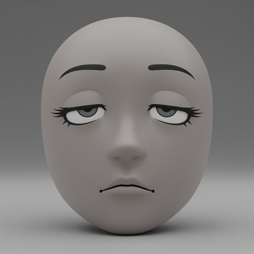 AI Design for Stylized Roblox avatar face texture designed for UGC,
soft simplified face with minimal structure,
no realistic anatomy, no sharp jawline,
smooth mannequin-like head shading,
muted gray-beige skin tone,
semi-anime eyes with soft expression,
half-lidded or relaxed eyelids,
thick upper lashes with soft dark-gray line weight,
reduced eye whites, flat pupils,
very subtle eye shading, no gloss or sparkle,
small simple mouth with minimal detail,
no defined lips, no teeth,
slight asymmetry allowed,
low-energy emotion (tired, smug, calm, neutral),
soft gradient shading on the face,
no harsh outlines, no pure black line art,
muted desaturated colors,
Roblox-native aesthetic,
neutral studio lighting,
simple flat or very soft gray background,
centered composition,
designed to look good on a Roblox head mesh,
AVOID:
photorealism, portrait illustration,
sharp jawlines, cheekbones,
detailed noses or nostrils,
high-saturation colors,
thick black ink lines,
icon-only floating facial features,
SVG or sticker style,
anime character illustration,
overly cute or doll-like faces