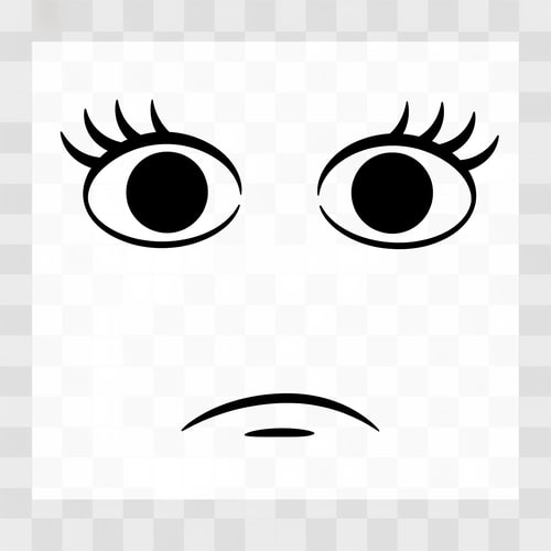 AI Design for Roblox avatar face DECAL texture,
ONLY floating facial features on a flat texture,
eyes and mouth drawn as simple symbols, not a face,
no face outline, no head, no jaw, no cheeks, no chin,
no nose, no nostrils, no facial anatomy,
stylized minimalist Roblox face aesthetic,
intentionally plain and slightly awkward,
subtle anime influence but NOT cute or pretty,
thick simple lashes, flat pupils, reduced eye whites,
no glossy highlights, no sparkles,
neutral muted emotion, low-energy expression,
mouth drawn with ONE short flat line or tiny curve,
no lips, no corners, no detail,
uniform thin line weight across all features,
designed to look strange alone but correct on a Roblox head,
centered composition, transparent or flat background,
AVOID:
human face, portrait, illustration,
pretty face, cute face, doll face,
lips, lipstick, detailed mouth,
large shiny eyes, baby eyes,
nose or nose shading,
skin gradients, facial structure,
3D head, mesh, skull,
anime character art, polished beauty style,
photorealism, dramatic lighting