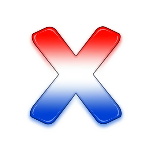 AI Design for create a X button cartoonish style no numbers make it slightly with a pure white BG make it red white and blue with proper gradient and shading and color strokes