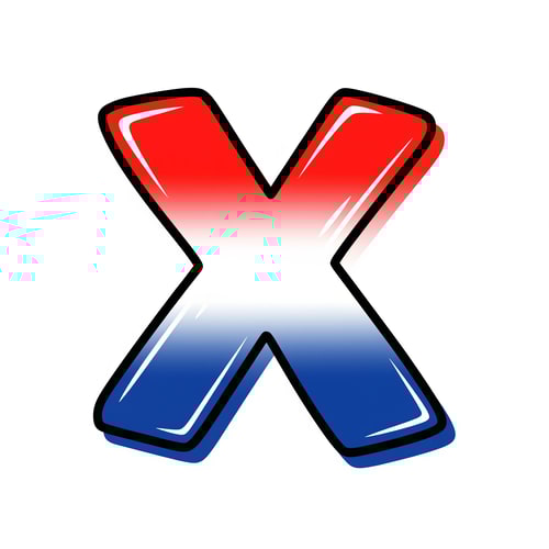 AI Design for create a X button cartoonish style no numbers make it slightly with a pure white BG make it red white and blue with proper gradient and shading and color strokes