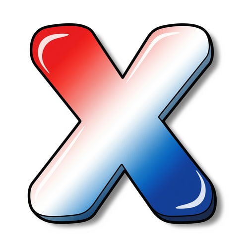 AI Design for create a X button cartoonish style no numbers make it slightly with a pure white BG make it red white and blue with proper gradient and shading and color strokes