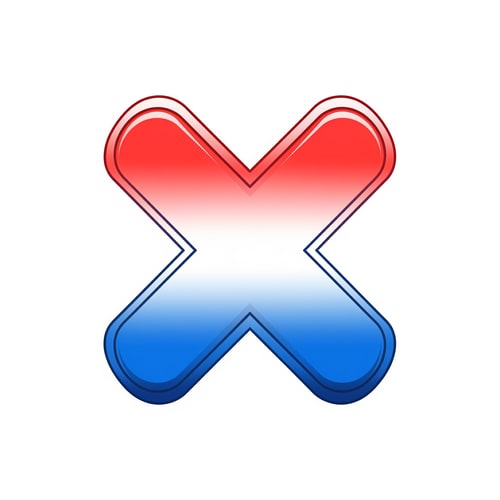 AI Design for create a X button cartoonish style no numbers make it slightly with a pure white BG make it red white and blue with proper gradient and shading and color strokes