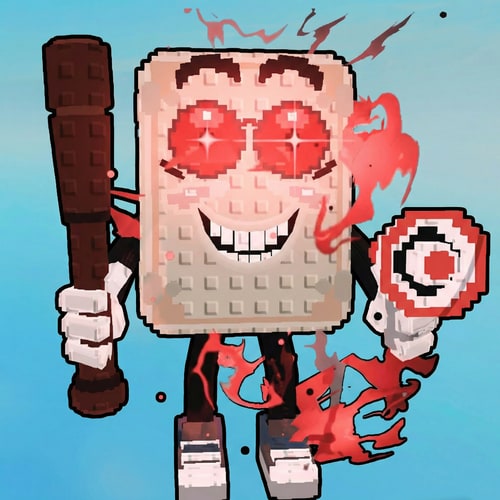 AI Design for replace this green and black character with this red character, KEEP THE SAME ART STYLE, MAKE IT FACE THE SAME DIRECTION, AND ADD A BLACK OUTLINE TO THE red CHARACTER DO NOT CHANGE ANYTHING ELSE ENSURE THAT THE GREEN AND BLACK CHARACTER IS COMPLETELY REMOVED AND IS REPLACED PROPERLY, AND ADD THE BLACK OUTLINE TO THE OUTSIDE OF THE MODEL. NOT THE INSIDE LINES.