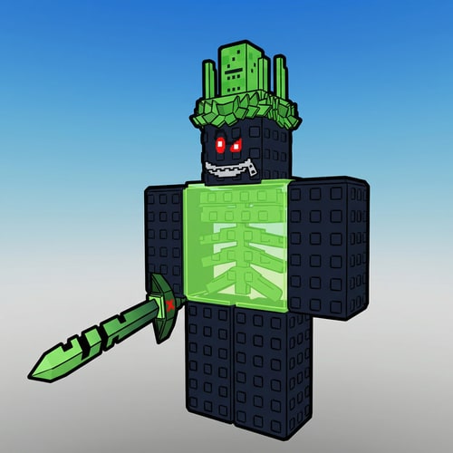 AI Design for replace this blue character with this green and black character, KEEP THE ART STYLE THE SAME, MAKE THE GREEN AND BLACK CHARACTER FACE THE SAME DIRECTION, AND ADD THE SAME BLACK OUTLINE TO THE GREEN AND BLACK CHARACTER, DO NOT CHANGE ANYTHING ELSE.