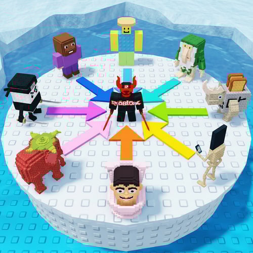 AI Design for replace these penguins with these characters, ensure the characters are sized down and positioned 1:1 with how the penguins are currently facing, ensure there are no duplicate characters used or warped appearances, shrink them down to make them fit as how the penguins currently fit