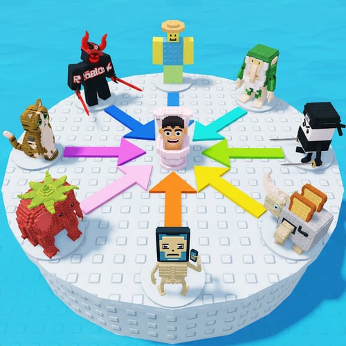 AI Design for replace these penguins with these characters, ensure the characters are sized down and positioned 1:1 with how the penguins are currently facing, ensure there are no duplicate characters used or warped appearances, shrink them down to make them fit as how the penguins currently fit