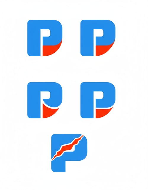 AI Design for Give me 5 more logos inspired by this image. But the blue part actually represents letter P, and the red part is like a negative space. So we should keep the P, and make it squarish and blocky