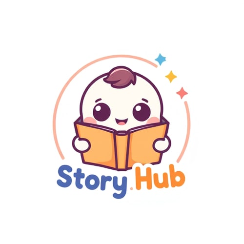 AI Design for Logo Design:A super cute cartoon logo for a storytelling channel called "Story Hub",chibi style smiling book character,big round eyes, soft pastel colors,speech bubble and small stars,friendly, joyful, kid-friendly,simple vector illustration,clean white background, kawaii style