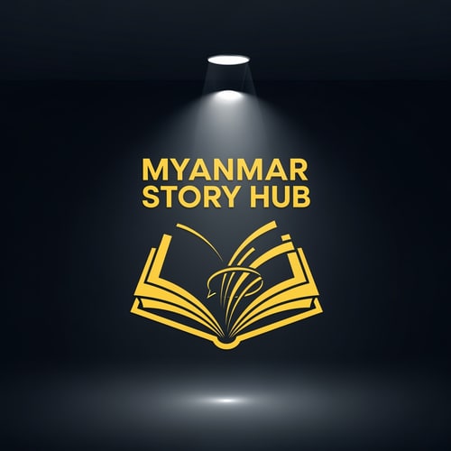 AI Design for Cinematic logo for a storytelling channel named ‘Myanmar Story Hub’, yellow silhouette style, book fusion icon, dramatic lighting effect, simple bold shapes, clean logo design