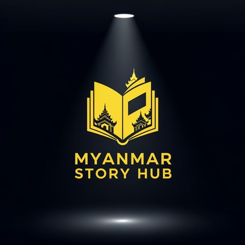 AI Design for Cinematic logo for a storytelling channel named ‘Myanmar Story Hub’, yellow silhouette style, book fusion icon, dramatic lighting effect, simple bold shapes, clean logo design