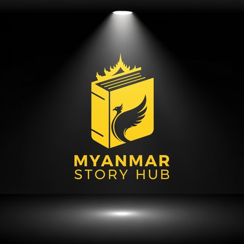 AI Design for Cinematic logo for a storytelling channel named ‘Myanmar Story Hub’, yellow silhouette style, book fusion icon, dramatic lighting effect, simple bold shapes, clean logo design