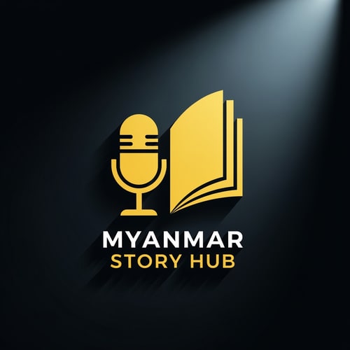 AI Design for Cinematic logo for a storytelling channel named ‘Myanmar Story Hub’, yellow silhouette style, microphone + book fusion icon, dramatic lighting effect, simple bold shapes, clean logo design