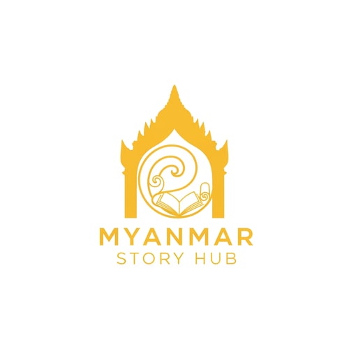 AI Design for “Logo design for ‘Myanmar Story Hub’, single yellow color, incorporating Myanmar traditional motifs, subtle pagoda or palm-leaf manuscript inspiration, storytelling theme, elegant minimal vector logo”