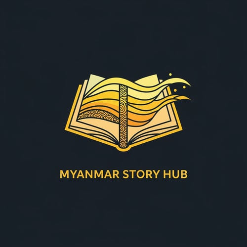 AI Design for A minimal logo for ‘Myanmar Story Hub’, using only yellow color palette, featuring an open book transforming into flowing storytelling waves, subtle Myanmar traditional patterns, flat design, clean vector style, modern yet cultural, dark background for contrast