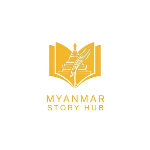 AI Design for “Logo design for ‘Myanmar Story Hub’, single yellow color, incorporating Myanmar traditional motifs, subtle pagoda or palm-leaf manuscript inspiration, storytelling theme, elegant minimal vector logo”