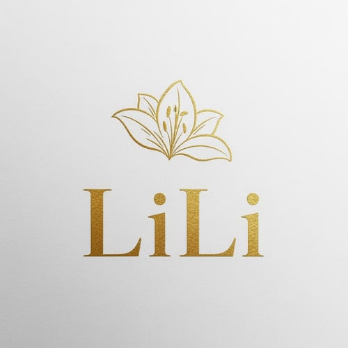 AI Design for High-end fashion house logo for "LiLi", abstract floral symbol inspired by lily flower, premium serif typography with wide letter spacing, neutral tones with gold foil effect, elegant and timeless luxury brand identity, minimal background