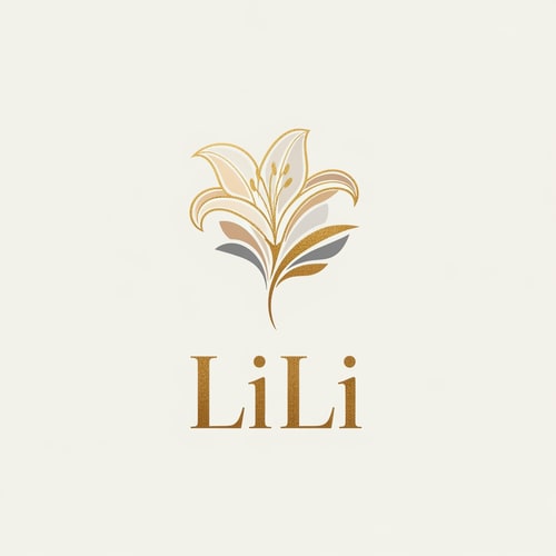 AI Design for High-end fashion house logo for "LiLi", abstract floral symbol inspired by lily flower, premium serif typography with wide letter spacing, neutral tones with gold foil effect, elegant and timeless luxury brand identity, minimal background